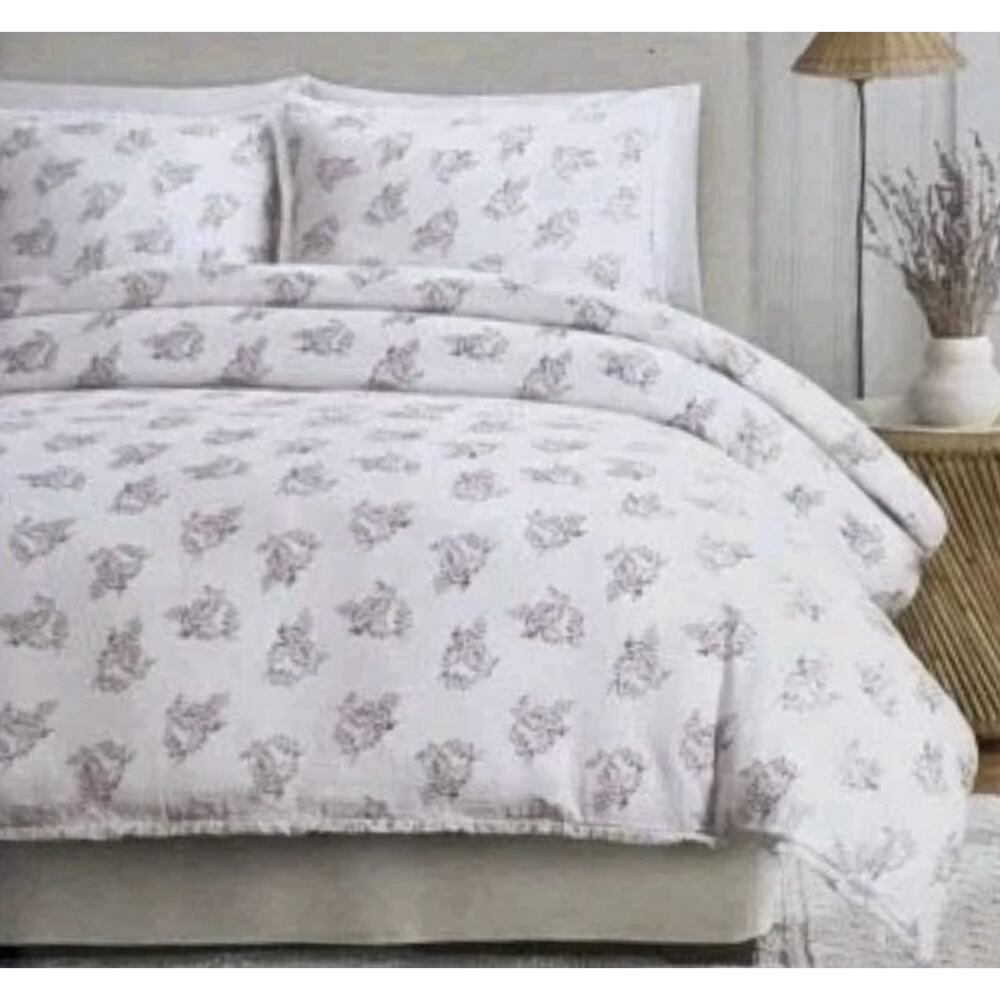 Shabby Chic 100% Cotton Floral Woven KING Size Duvet Set White Rose Pink Fringe